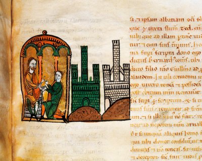Król Alfons II Aragoński przyjmujący dworzanina, z rękopisu „Liber Feudorum Maior” autorstwa Spanish School
