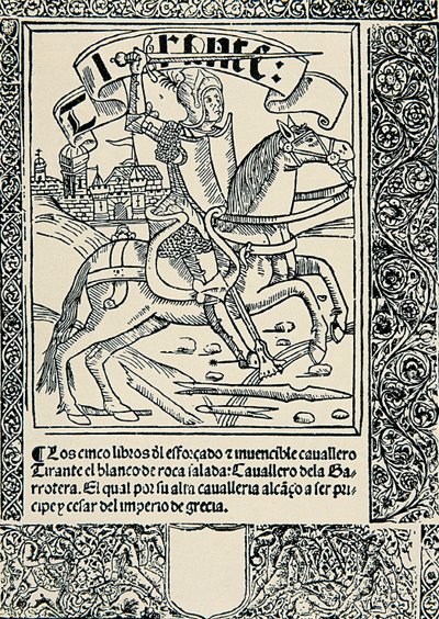 Rycerz na wierzchowcu, Frontyspis hiszpańskiego dzieła Tirant lo Blanc Joanota MARTORELLA (1413-1468) autorstwa Spanish School
