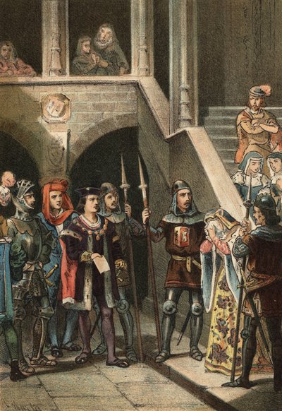 Leonor de Guzman, faworyt króla Alfonsa XI, zatrzymany i stracony przez Don Alfonso Fernandez de Olmedo, na rozkaz królowej Marii Portugalii, w XIV wieku. w „” Kult piękna”” autorstwa Juan Justo Huguet, redaktorzy Molinas Hermanos autorstwa Spanish School