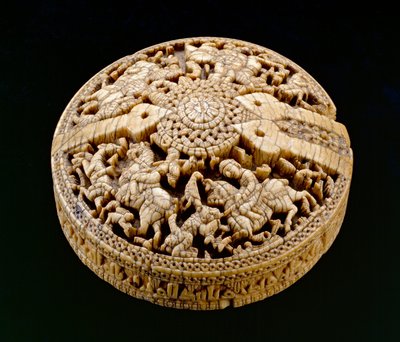 Pokrywa pojemnika ozdobiona czterema myśliwymi i zwierzętami, okres Umajjadów, 998-999 AD (patrz także 416492) autorstwa Spanish School