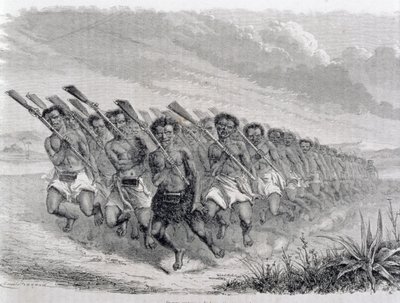 Wojownicy maoryscy wykonujący taniec wojenny, ilustracja z „Powrotu do świata” (rycina) autorstwa Spanish School