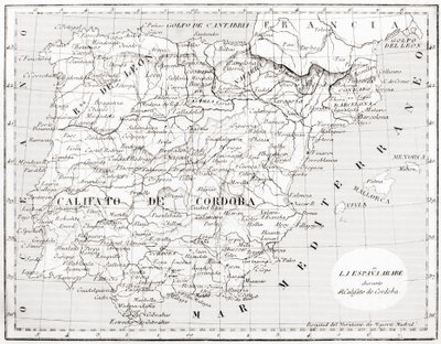 Mapa Hiszpanii pokazująca kalifat Kordoby autorstwa Spanish School