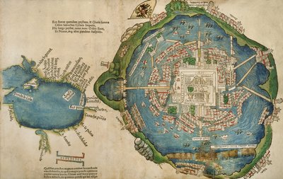 Mapa Tenochtitlan i Zatoki Meksykańskiej, z Praeclara Ferdinadi Cortesii de Nova maris Oceani Hyspania Narratio autorstwa Hernando Cortesa (1485-1547) 1524 autorstwa Spanish School