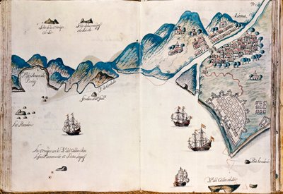 Mapa części Nowej Hiszpanii, wybrzeża Peru i miasta Lima, z „Mapy wybrzeży Ameryki na Morzu Południowym, od ostatniej populacji Hiszpanów w nich, czyli miasta Compostela, dalej” autorstwa Spanish School
