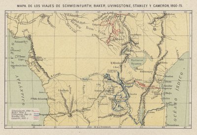 Mapa przedstawiająca podróże odkrywców Georga Augusta Schweinfurtha, Samuela Bakera, Davida Livingstone