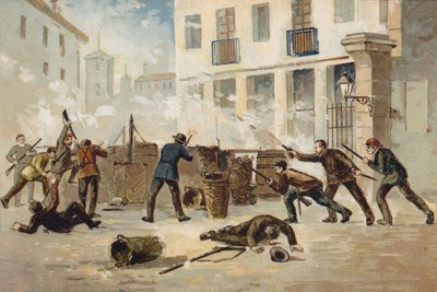 Członkowie Narodowej Milicji w Walencji odmawiający rozbrojenia, Hiszpania, 1873 r. autorstwa Spanish School