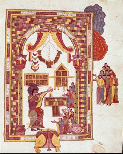 Sztuka mozarabska: „” świątynia jerozolimska, Aaron jest przedstawiony jako arcykapłan przed ołtarzem”. Miniatura z Biblii mozarabskiej. X wiek. Leona. Biblioteka Królewskiej Kolegiaty św. Izydora. Hiszpania autorstwa Spanish School