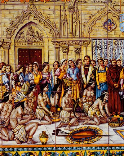 Rdzenni Amerykanie sprowadzili orszak Kolumba do Hiszpanii w 1492 r. (ceramika) autorstwa Spanish School