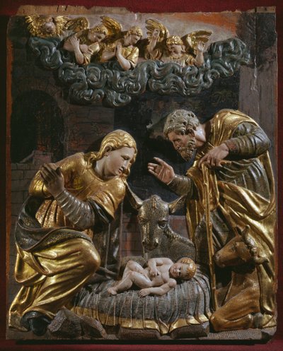 Narodzenia, fragment renesansowego ołtarza (drewno malowane i złocone) autorstwa Spanish School