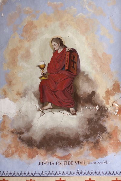 Kościół parafialny Conques, kościół Sant Miquel de Conques. wnętrze Statek. Sklepienia. Szczegół. Malowidła ścienne autorstwa J Oromí. 1881. Barok. autorstwa Spanish School