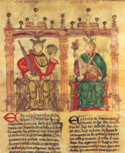 Pelagiusz (685-737), założyciel Królestwa Asturii i jego wnuk Fruela I (722-68) (pigment na welinie autorstwa Spanish School
