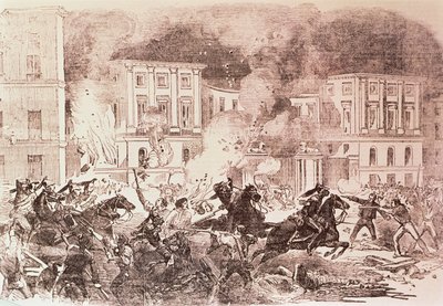 Powstania populistyczne w Madrycie, buntownicy próbują podpalić pałac królowej Marii Krystyny w 1854 r. (lito) autorstwa Spanish School