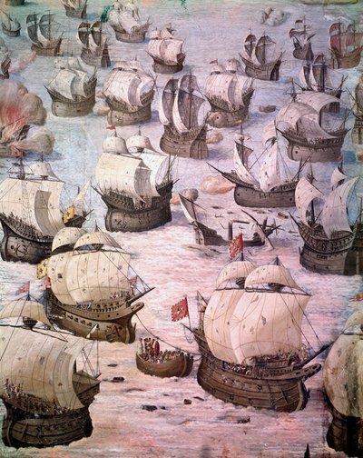 Regaty hiszpańskich galeonów podczas wyprawy na Akory w 1582 roku pod dowództwem Filipa II (1527-1598), króla Hiszpanii. Fresk z XVI wieku. Sala bitew, Pałac Escorial, Madryt. autorstwa Spanish School