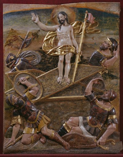 Zmartwychwstanie, fragment renesansowego ołtarza (drewno malowane i złocone) autorstwa Spanish School