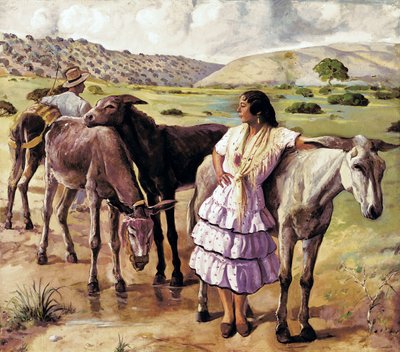 Powrót targów, między Puerto Real a Jerez de la Frontera (Hiszpania). Anonimowe malowanie. Olej na płótnie, pierwsza połowa XX wieku, sztuka hiszpańska. Muzeum Kadyksu. autorstwa Spanish School