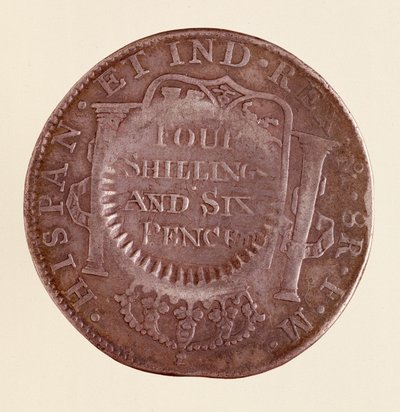 Srebrna moneta (8 reali) z Hiszpanii: panowanie Karola III (1759-1788). 1777 z kontrasygnatem z 1787 r. Śr. 3,9 cm Neapol, muzeum archeologiczne autorstwa Spanish School