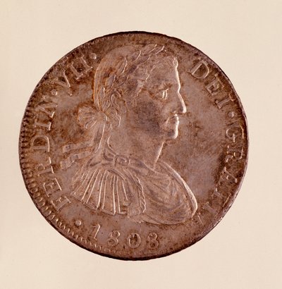 Srebrna moneta (8 reali) z Hiszpanii: panowanie Ferdynanda VII (Ferdynanda) (1808-1833). 1808 średnica 3,9 cm Neapol, muzeum archeologiczne autorstwa Spanish School