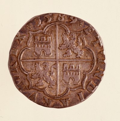 Srebrna moneta (8 reali) z Hiszpanii: panowanie Filipa (Filippo lub Filipa) II (1556-1598). 1589 śr. 3,5 cm Neapol, muzeum archeologiczne autorstwa Spanish School