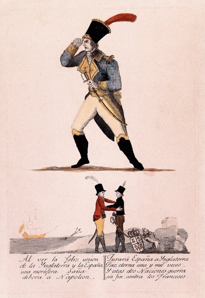 Hiszpańska wojna o niepodległość: Napoleon staje w obliczu sojuszu między Hiszpanią a Anglią autorstwa Spanish School
