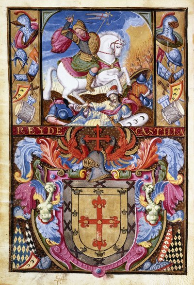 St.James na białym koniu jadący nad zwłokami Maurów i herbem rodziny Gomez, 1606 autorstwa Spanish School
