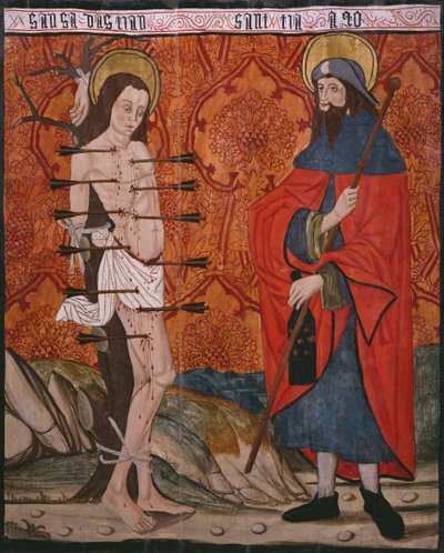 Św. Sebastian i Św. Jakub Wielki, panel z kościoła San Andres z Tortury, koniec XV-początek XVI wieku (drewno malowane) (patrz także 345849) autorstwa Spanish School