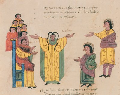 Susanna and the Elders, z Wizygotycko-Mozarabskiej Biblii św. Izydora, fol.324v., AD 960 (tempera na welinie) autorstwa Spanish School