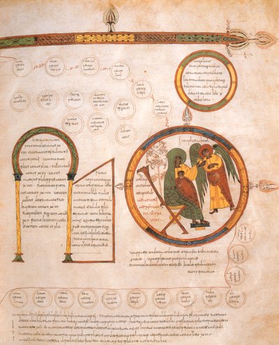 Zwiastowanie Maryi i Genealogia Jezusa, z Wizygotycko-Mozarabskiej Biblii św. Izydora, fol.10r., AD 960 (tempera na welinie) autorstwa Spanish School