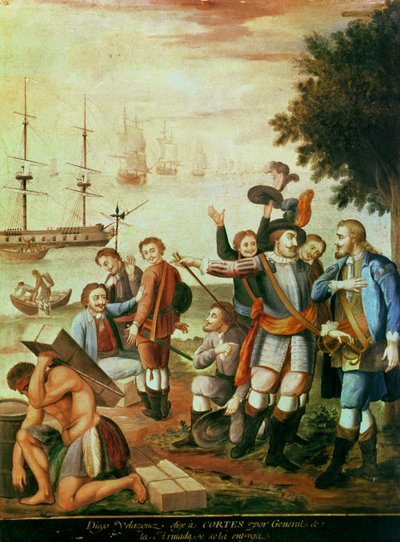 Podbój Meksyku: Diego Velasquez de Cuellar (1465-1524) wybiera Hernando Cortesa (1485-1547) na generała Armady i przekazuje mu dowództwo (olej na płótnie) autorstwa Spanish School
