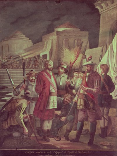 Podbój Meksyku: Hernando Cortes (1485-1547) atakuje nocą dzielnicę Panfilo Narvaez (olej na płótnie) autorstwa Spanish School