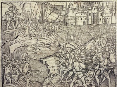 Podbój Peru, ilustracja z „Ogólnej historii Indii i Nowego Świata” autorstwa Francisco Lopeza de Gomara (ur. 1510) 1554 (rycina) autorstwa Spanish School