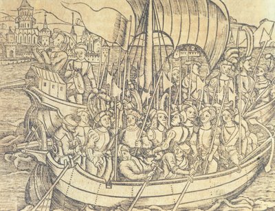 Odkrycie Nowego Świata autorstwa Chrisophera Columbusa (1450-1596) ilustracja z „Ogólnej historii Indii i Nowego Świata” autorstwa Francisco Lopeza de Gomara (ur. 1510) 1554 (rycina) autorstwa Spanish School