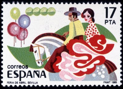 Feria Sewilli: para w stroju ludowym na koniu - znaczek hiszpański autorstwa Spanish School