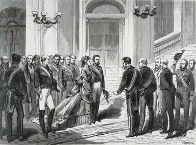 Król Hiszpanii Amedeusz I (Amedeo Ferdinando Maria di Savoia) (1845-1890) i jego żona królowa Maria Victory dal Pozzo della Cisterna (1847-1876) przybyli do Pałacu Królewskiego w Madrycie 19.03.1871. Grawerowanie z „La Ilustracion Espanola y America autorstwa Spanish School