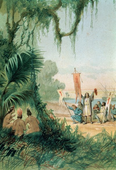 Lądowanie Krzysztofa Kolumba (1451-1506) na wyspie San Salvador 12 października 1492, z „Odkrycie Ameryki”, wyd. Barcelona autorstwa Spanish School