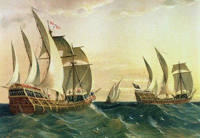 „Pinta”, „Nina” i „Santa Maria” płynące w kierunku Indii Zachodnich w 1492 r., z „Odkrycia Ameryki” autorstwa Spanish School