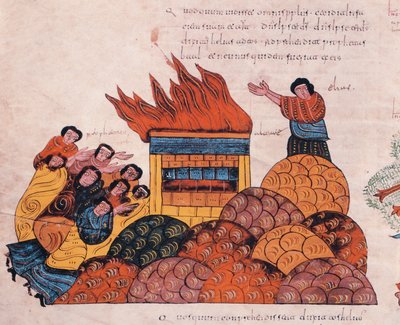 Prorok Eliasz modli się na Górze Karmel, aby Bóg Izraela został usprawiedliwiony przed kapłanami Baala i ogień spada z nieba (1 Królów 18), fol.145v., z Wizygotycko-Mozarabskiej Biblii św. autorstwa Spanish School