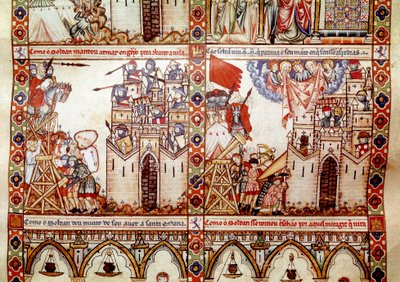 Saraceni oblegali chrześcijańskie miasto Fragment z jednej strony zaczerpnięty z rękopisu Pieśni Najświętszej Marii Panny (Cantigas de Santa Maria), zdobienie miniatur poświęconych Najświętszej Marii Pannie i jej cudom, zbiór pieśni przeredagowanych pod pa autorstwa Spanish School
