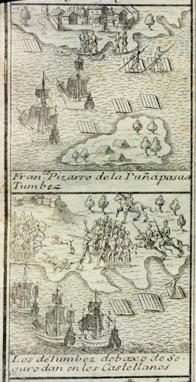 Przybycie Francisco Pizarro ze 180 ludźmi i trzema statkami w Tumbes autorstwa Spanish School