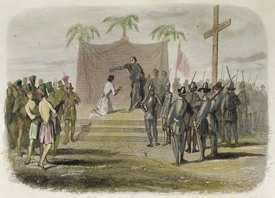 Chrzest króla wyspy Cebu i pięciuset innych Indian przez członków wyprawy Magellana 14 kwietnia autorstwa Spanish School