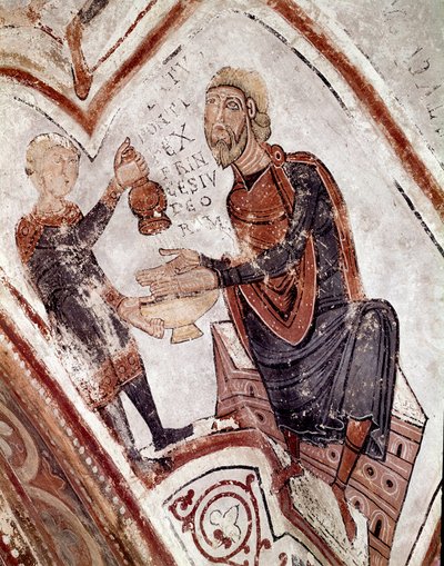 Cykl miesięcy: Poncjusz Piłat myje ręce. Fragment fresku z XII wieku z Królewskiego Panteonu Real Colegiata of San Isidoro (Royal Collegiale of Saint Isidore). Leona. Hiszpania autorstwa Spanish School