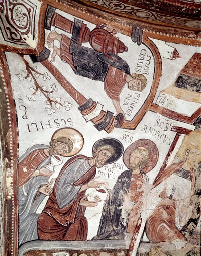 Cykl miesięcy: sługa podaje napój apostołom (św. Andre, św. Barthelemy i św. Filip). Fragment fresku z XII wieku z Królewskiego Panteonu Real Colegiata of San Isidoro (Royal Collegiale of Saint Isidore). Leona. Hiszpania autorstwa Spanish School
