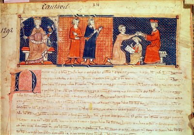 Pan feudalny wygłasza swoje kazanie przed królem Majorki Jakubem I (1207-76) z Capbreu de Clayra et de Millas, 1292 autorstwa Spanish School