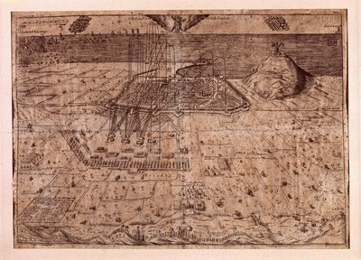 Podniesienie Katalonii lub wojna żniwiarzy (1640-1659), kwatera główna Barcelony drogą morską i lądową przez wojska Filipa IV Hiszpańskiego (1605-1665). Grawerowanie 1652. Muzeum Historii Miasta, Barcelona. autorstwa Spanish School