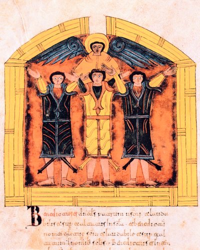Trzej Hebrajczycy, Szadrach, Meszak i Abed-Nego wrzuceni do pieca przez Nabuchodonozora, fol.318v, z Wizygotycko-Mozarabskiej Biblii św. Izydora, 960 n.e. (tempera na welinie) autorstwa Spanish School