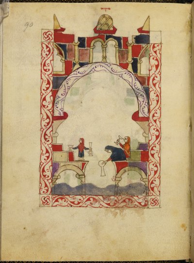 Trzy kobiety zanurzające naczynia w basenie. Iluminowany rękopis hagady hiszpańsko-moreskiej, ok. 1300 r., Hiszpania, Or. 2737, kl. 90 (welin) autorstwa Spanish School