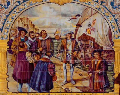 Kafelki przedstawiające króla Hiszpanii Karola I przygotowującego się do wypłynięcia w 1520 z portu La Coruna w celu przyjęcia jego wyboru na cesarza Świętego Rzymu (ceramiczne) autorstwa Spanish School