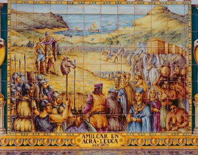 Kafelki przedstawiające wyokrętowanie Hamilkara i jego syna Hannibala w Akra Leuce podczas I wojny punickiej (264-241 pne) (ceramiczne) autorstwa Spanish School