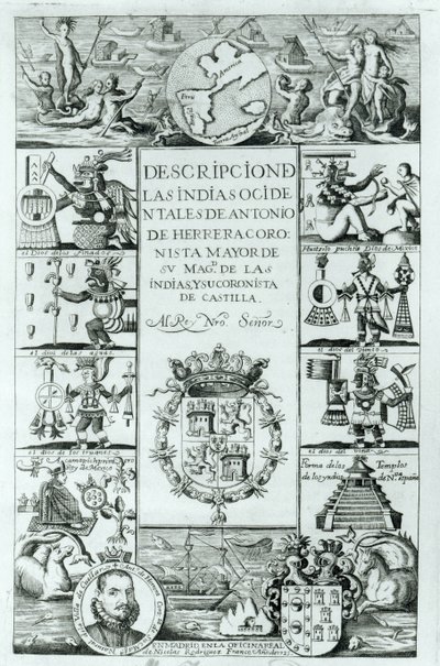 Strona tytułowa Opisu Indii Zachodnich autorstwa Antonio de Herrera y Tordesillas, wydanie madryckie, 1725 autorstwa Spanish School