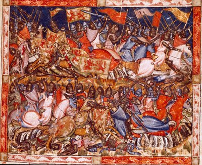 Wojna trojańska: exploity Hectora. Fragment miniatury z hiszpańskiego rękopisu „Codex Benito de Santa Mora”” autorstwa Spanish School