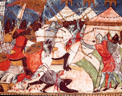Wojna trojańska: Trojanie atakują obóz wojskowy greckich wojowników. Fragment miniatury z hiszpańskiego rękopisu „Codex Benito de Santa Mora”” autorstwa Spanish School